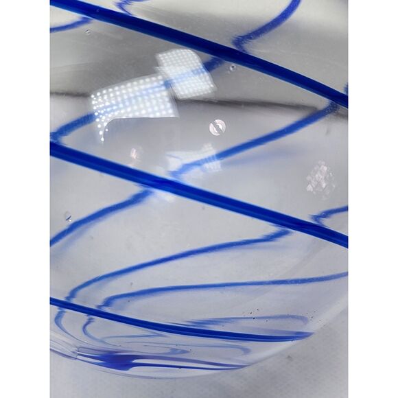 Hand Blown Glass Ornament Clear & Cobalt Blue Swirl Large 4" Holiday Art Ball - Picture 3 of 6